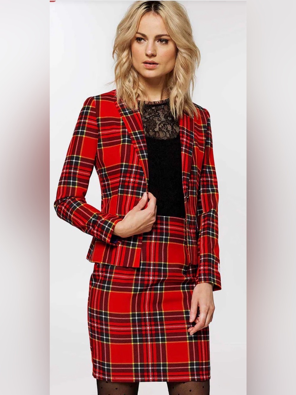 OppoSuits Lumberjackie Red Tartan Plaid Blazer Skirt Suit Set Size 12